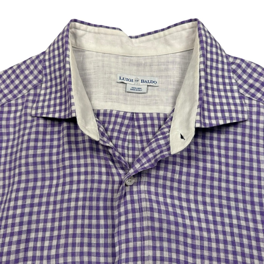 Luigi Baldo Shirt Men's XLT 100% Linen Long Sleeve Purple Check Plaid